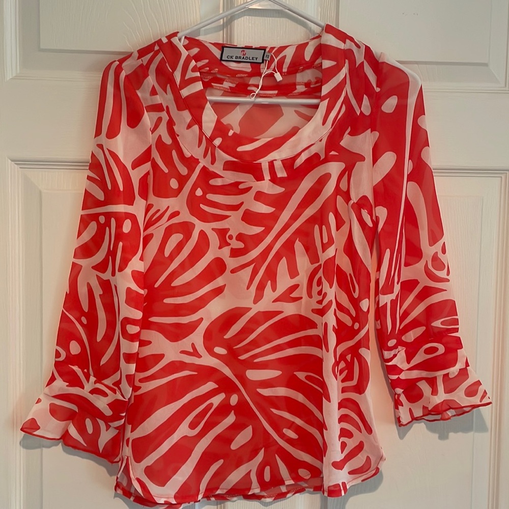 CK Bradley orange and white palm silk top